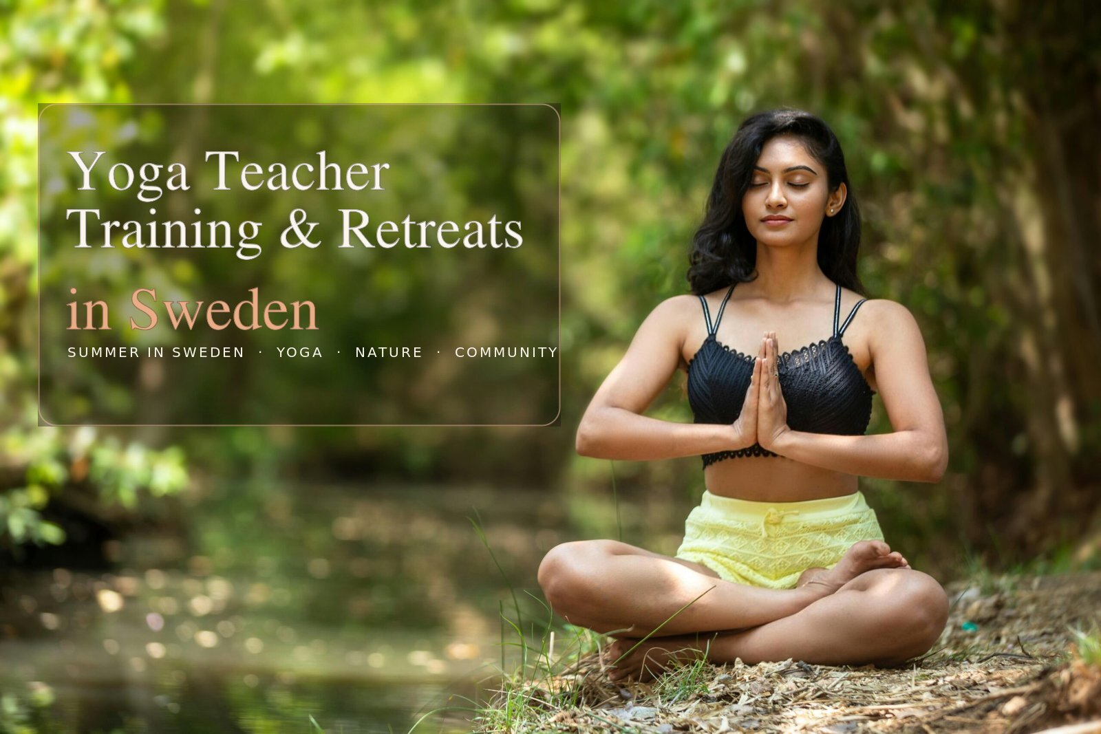 Woman meditating in green nature for Glow Yin Yoga teacher trainings and retreats in Sweden