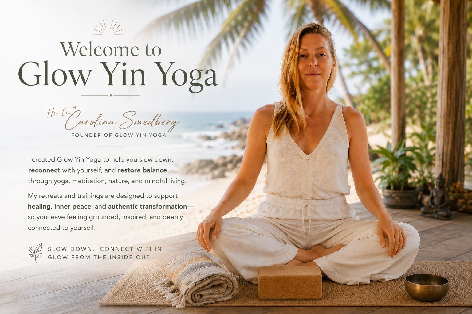 Carolina Smedberg, founder of Glow Yin Yoga, seated in meditation by the sea